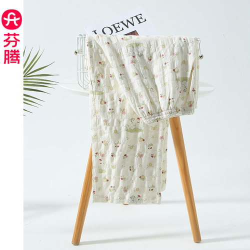 芬腾冰丝睡裤女夏季薄款大码人造绵可外穿家居碎花宽松长裤子夏款