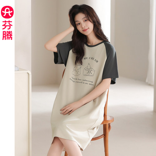 芬腾睡裙女纯棉短袖睡衣连衣裙子