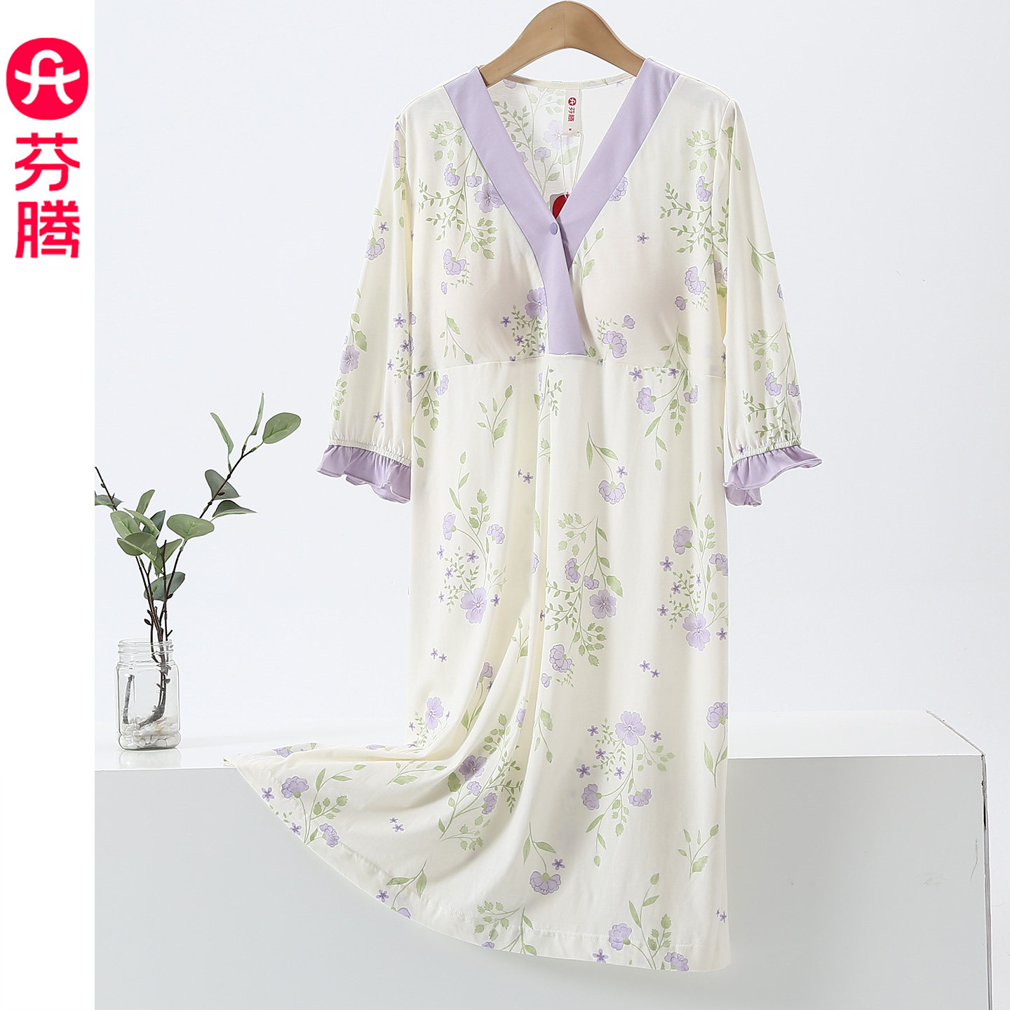 芬腾纯棉V领带胸垫碎花女夏睡裙图片