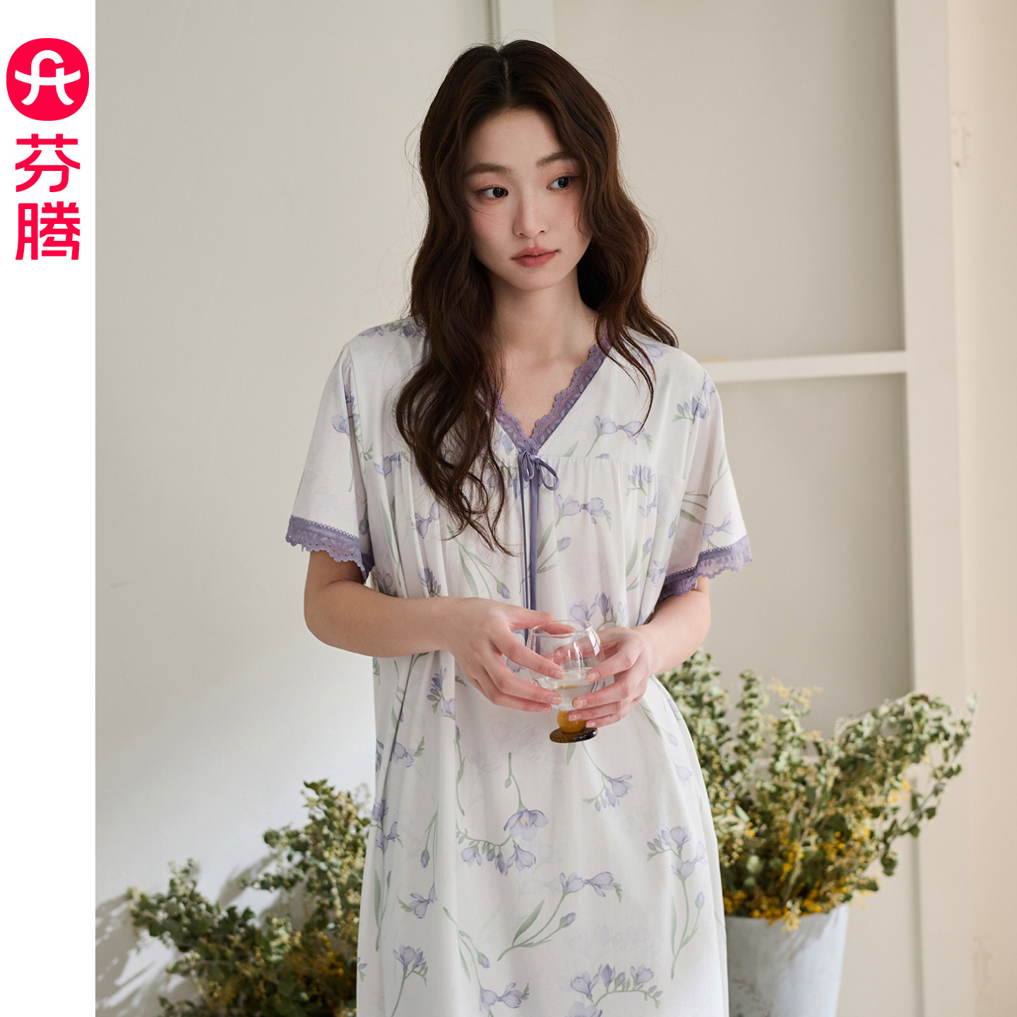 芬腾2026新款纯棉睡裙女夏短袖V领碎花蕾丝花边凉感家居服可外穿
