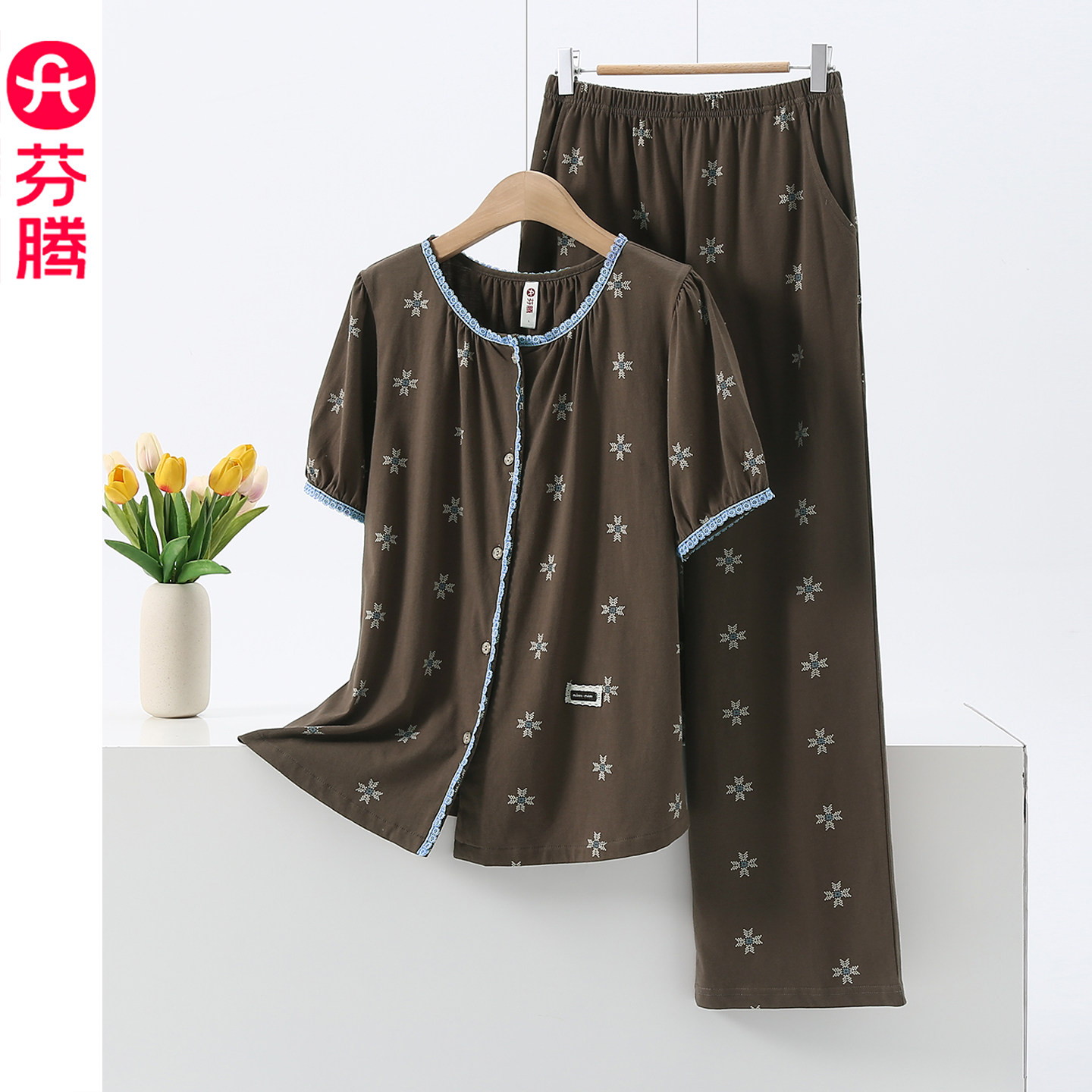 芬腾2026复古风纯棉圆领开衫家居服女夏季短袖睡衣两件套休闲套装