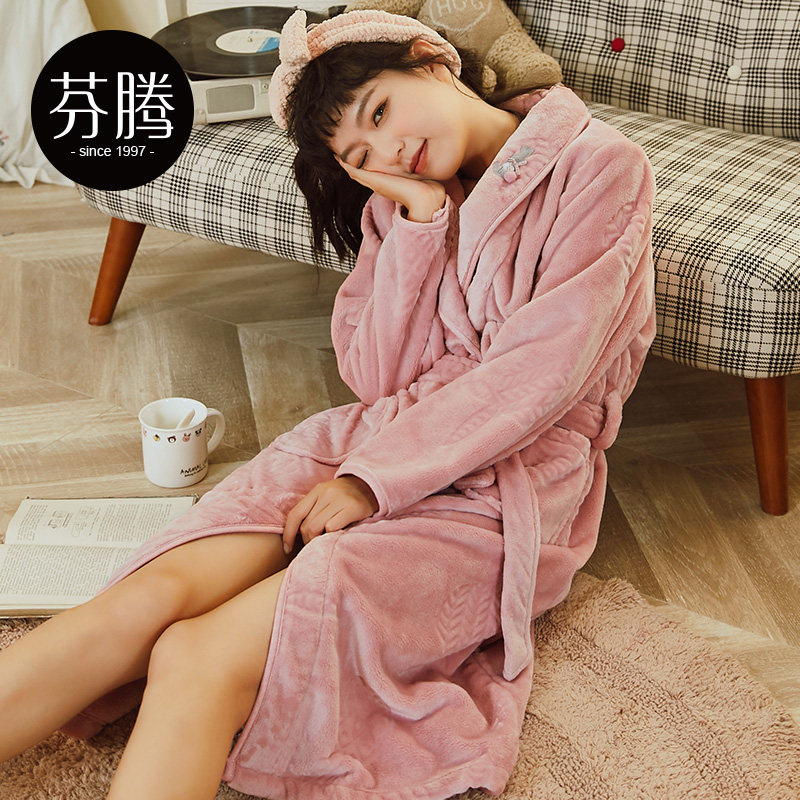 芬腾珊瑚绒睡袍女秋冬长款加绒加厚保暖可爱甜美春秋法兰绒睡衣女