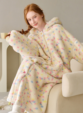 芬腾珊瑚绒睡袍女秋冬加绒加厚中长款睡裙可外穿连帽浴袍女2025年