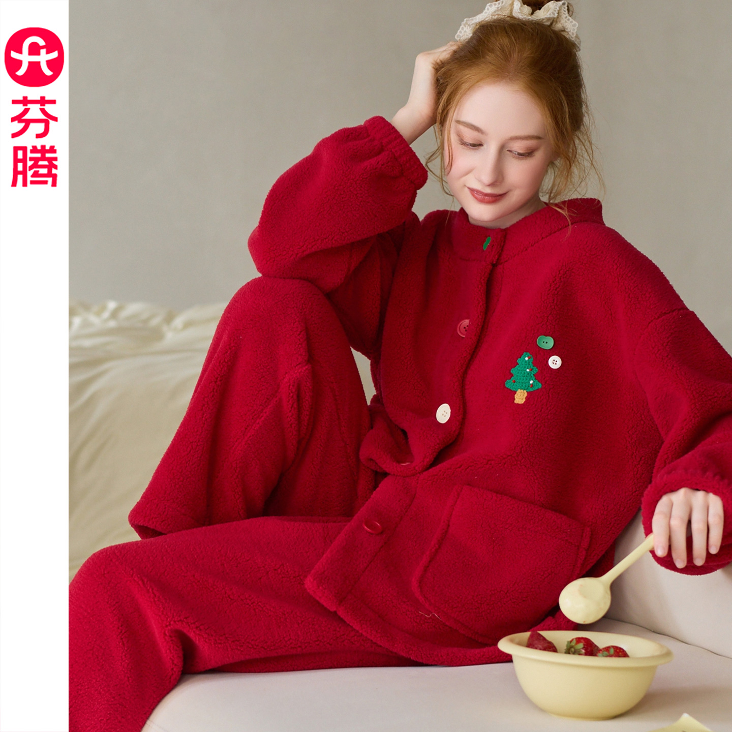 芬腾大红珊瑚绒睡衣女秋冬加绒加厚圆领大口袋外穿家居服套装2025