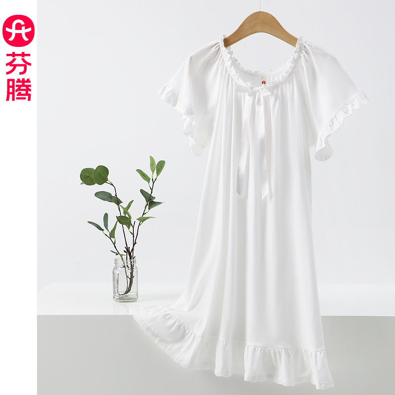 芬腾短袖睡衣女夏季纯棉短款睡裙公主风性感夏天法式白色连衣裙子