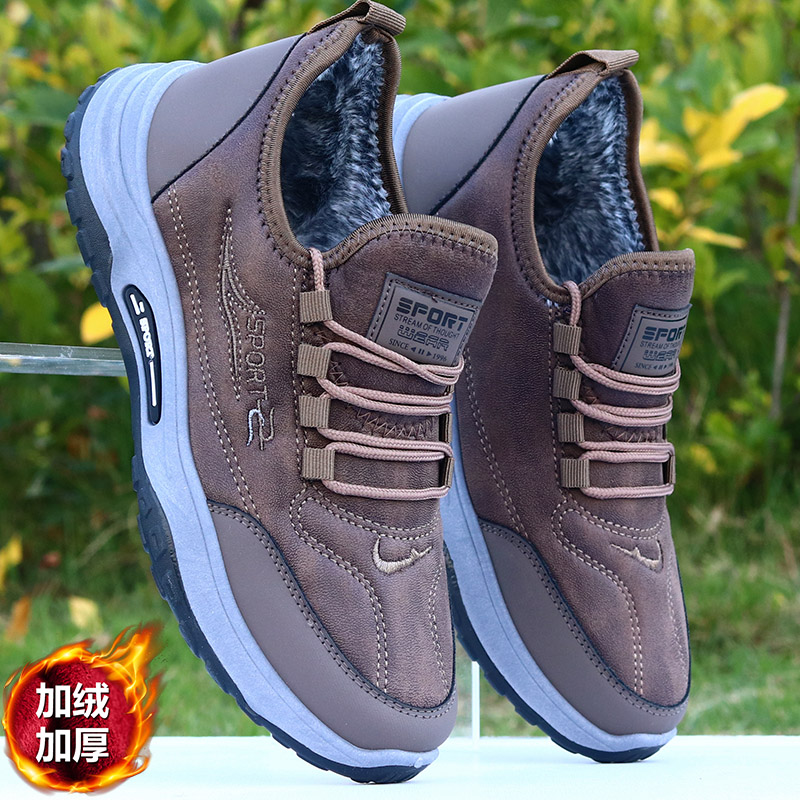 冬季一脚蹬男鞋子加绒加厚老北京布鞋皮面防水保暖棉鞋健步运动鞋