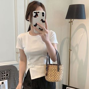 设计感开叉盘扣国风短款 新中式 时尚 纯棉短袖 上衣女 t恤女2024夏季