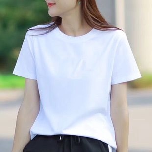 上衣潮 高档棉纯白色正肩短袖 T恤女夏季 新款 宽松简约圆领体恤半袖