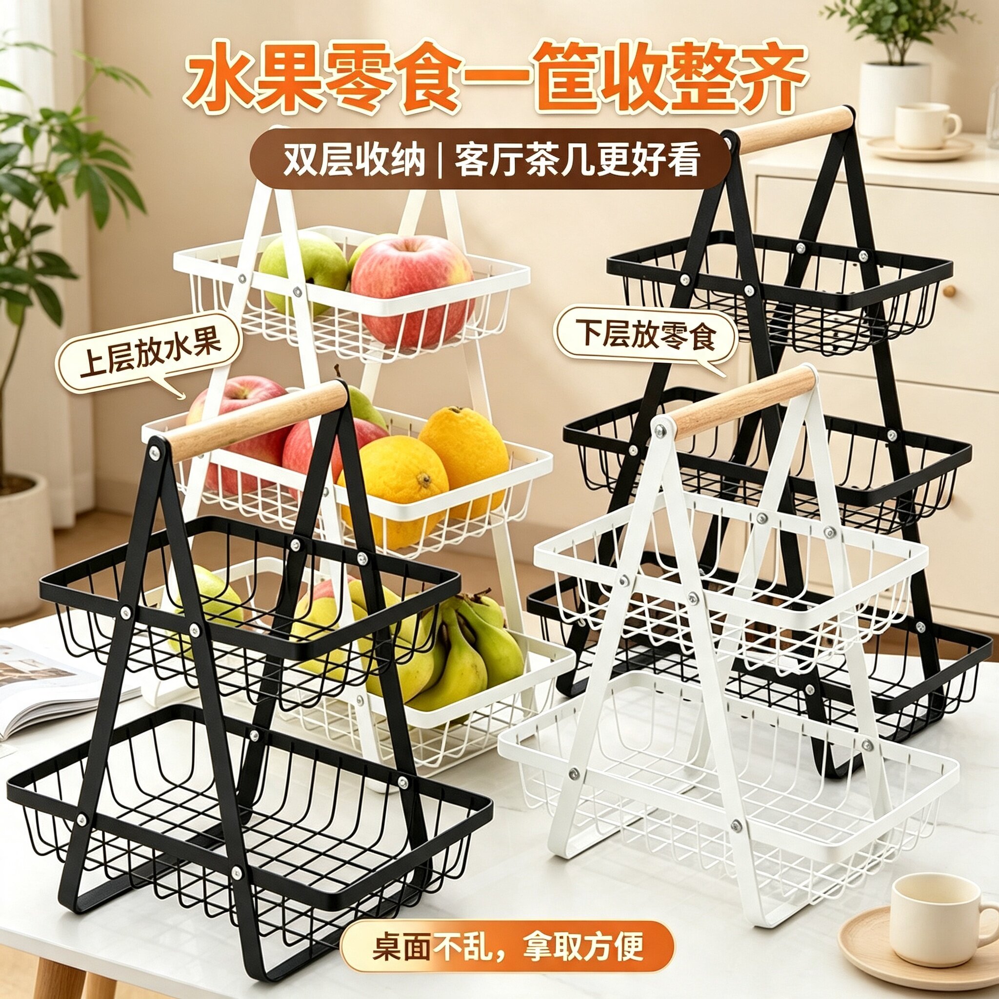 厨房蔬菜架台面果蔬手提篮多层菜篮子客厅放水果零食收纳框置物架