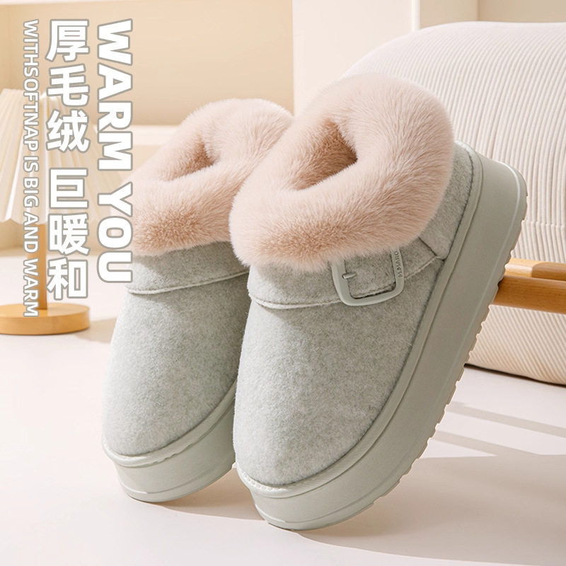 冬季新款棉拖鞋女款加绒加厚增高防滑毛绒雪地靴紫色厚底室内