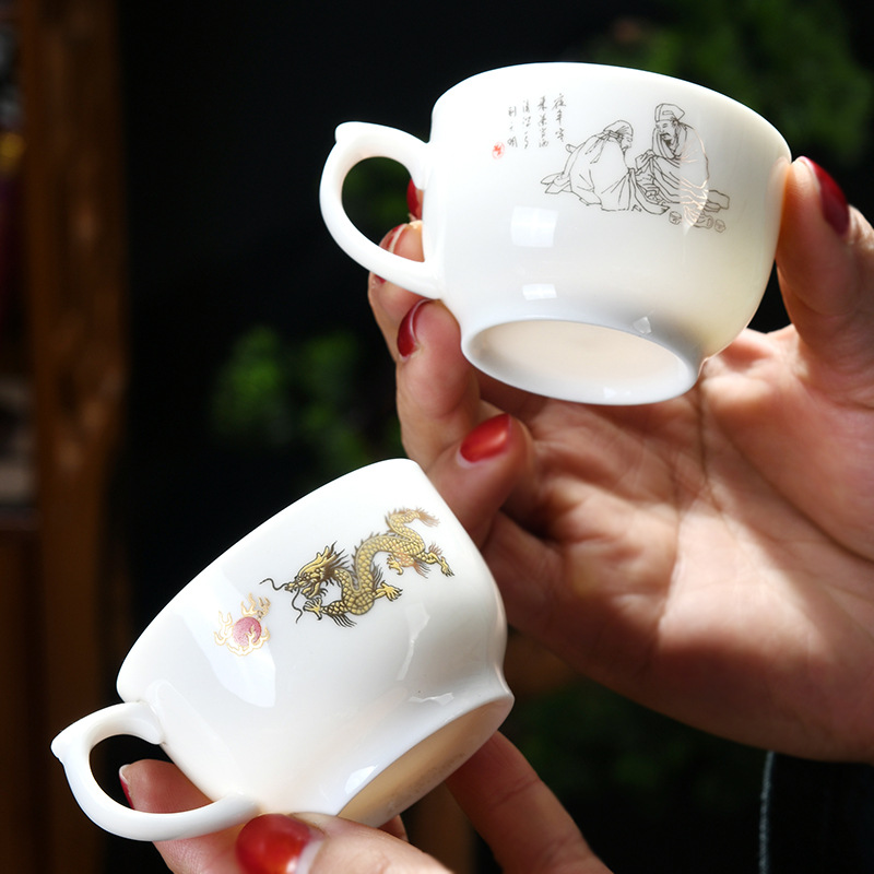 带耳柄防烫功夫茶杯个人杯子玉白瓷普洱主人杯有把品茗杯单杯把手
