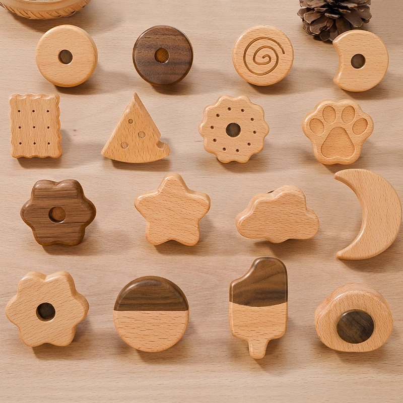 儿童房衣柜拉手木质卡通小熊兔子柜子抽屉原木色半圆形柜门把手