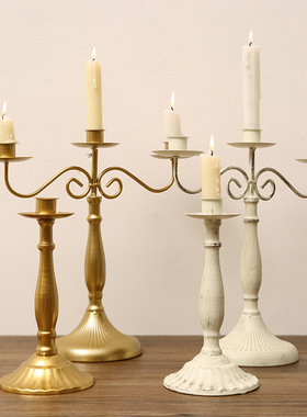 欧式复古烛台摆件中古餐桌烛光拍照道具法式浪漫高级蜡烛白色底座