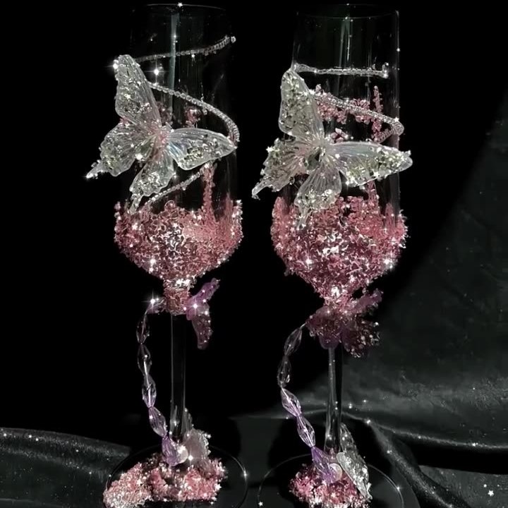 流苏灵动蝴蝶婚礼敬酒杯材料包手工diy结婚香槟杯送闺蜜新婚礼物