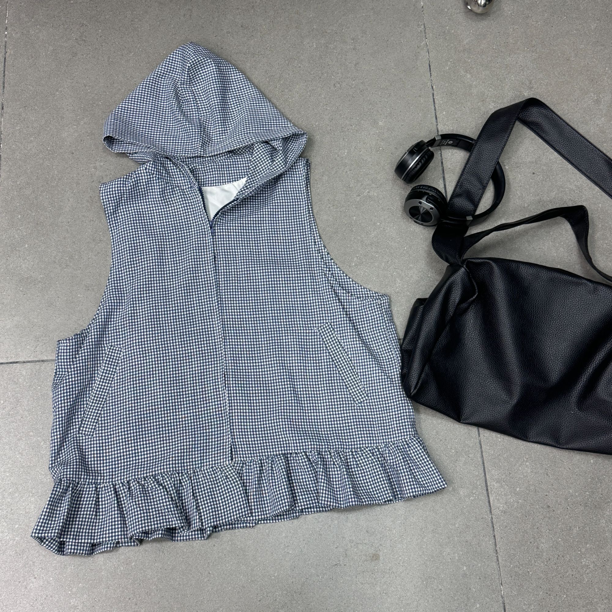 【小惜亦】秋款时尚个性百搭休闲几布家连帽格子无袖外套