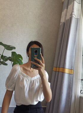 十八淑女坊孤品清L码宫廷简约泡泡袖上衣女