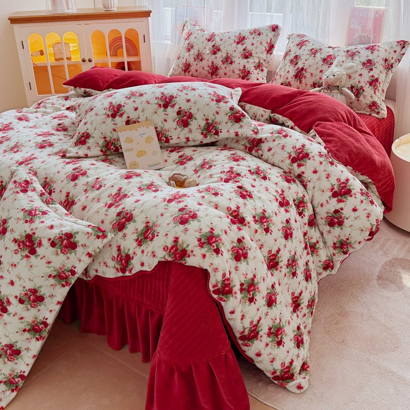 新款加绒加厚牛奶绒花边床盖款四件套双面绒床单被套防静电三件套,床上用品,床品套件/四件套/多件套,淘宝优惠券,粉丝福利购,淘宝优惠卷
