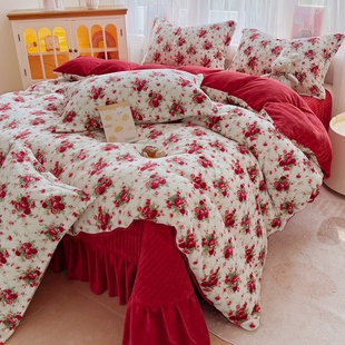 新款加绒加厚牛奶绒花边床盖款四件套双面绒床单被套防静电三件套