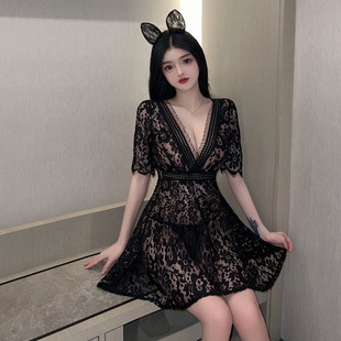 深v低胸蕾丝性感连衣裙女夜总会短袖 辣妹漏背气质技师工作服A字裙