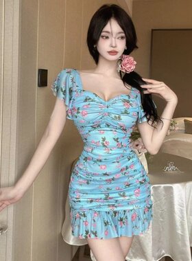夏装V领低胸性感短袖网纱技师工衣美容院会所工作服包臀连衣裙子