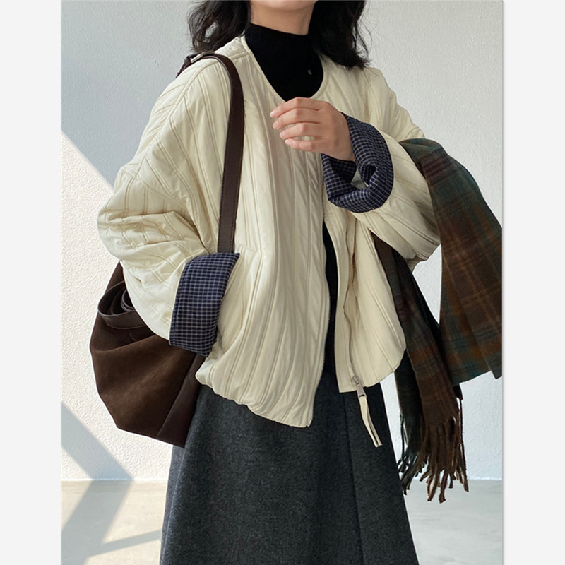 秋冬季韩版轻薄款羽绒棉服外套女撞色格袖子短款休闲夹克棉衣保暖