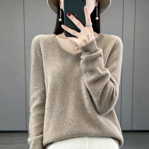 2026秋冬新款V领一线成衣女羊毛衫圆领纯色宽松百搭针织打底衫女