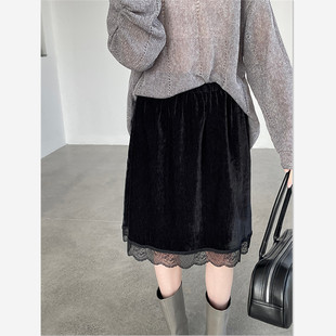 2026春季 雪尼尔蕾丝边丝绒半身裙女中裙松紧腰百搭A字短裙子 新款