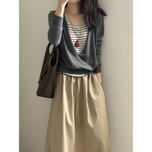 长袖 春秋季 条纹背心假两件套女羊毛衫 V领针织衫 百搭显瘦上衣 新款