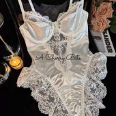 「樱桃慕斯」性感纯欲蕾丝缎面网纱透视吊带连体衣睡衣套装 qqny