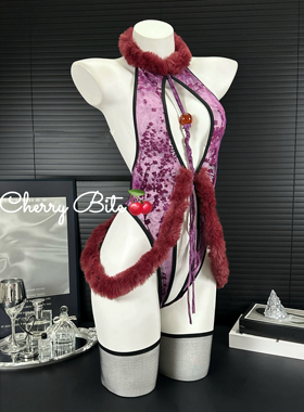 【玲珑樱桃】性感新中式妲己旗袍连体衣紫色毛绒免脱内衣套装qqny