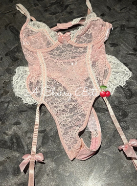 「樱桃慕斯」甜心奶酪性感纯欲风粉色蕾丝花边吊带文胸连体睡衣