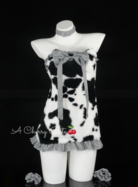 【绒耳契约】性感纯欲奶牛荷叶边抹胸连衣包臀裙居家睡裙套装qqny