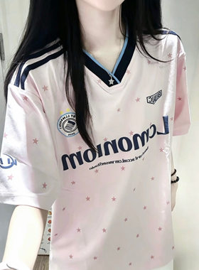 美式潮牌满印星星v领球衣短袖t恤女夏季宽松运动风情侣装半袖上衣