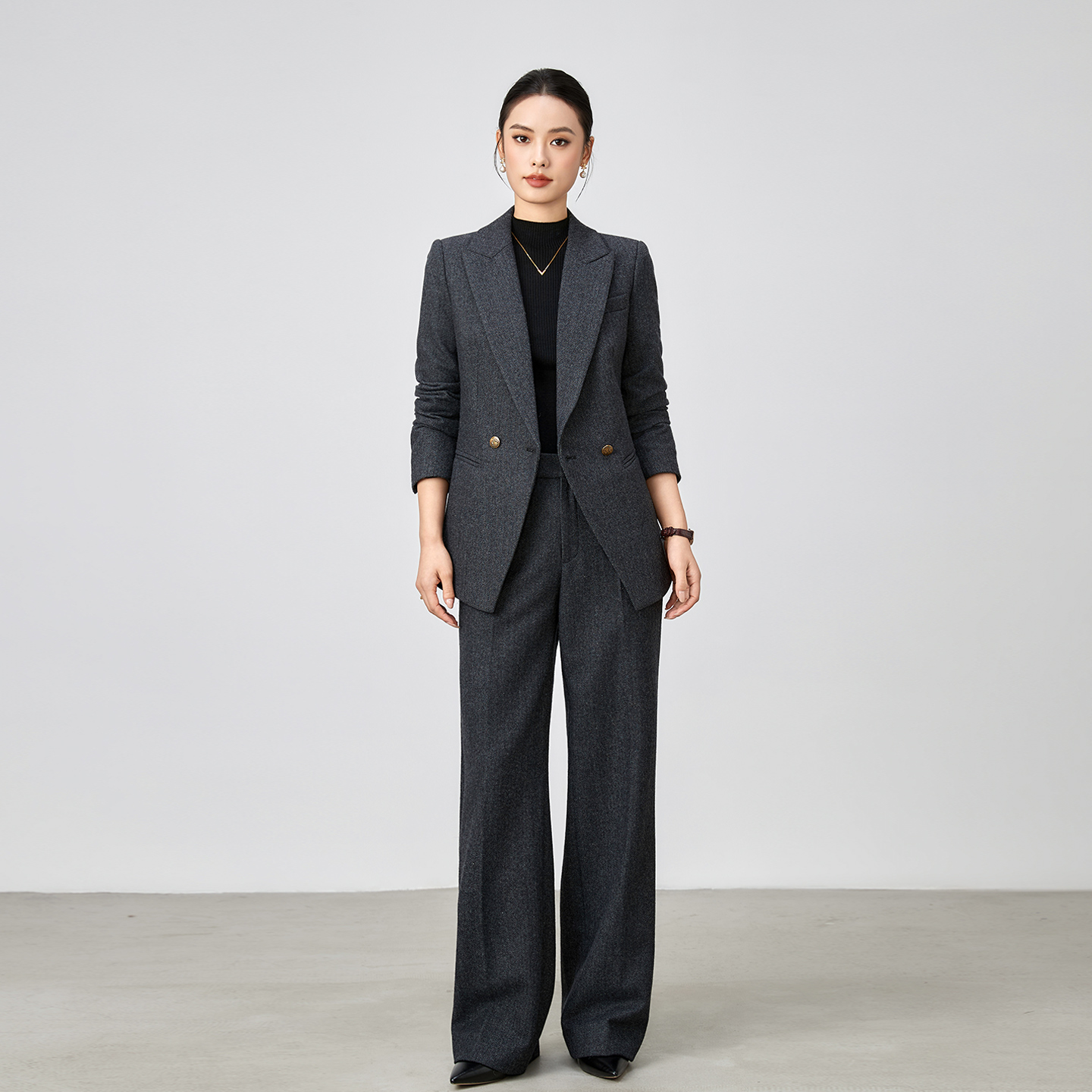 秋冬通勤加厚羊毛人字纹西装套装