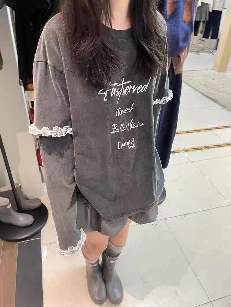DOU's own sweet and cool girl style letter pattern lace trim faux two-piece versatile long-sleeved T-shirt/sweatshirt top for women