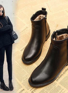 靴子女平底鞋女短靴低跟切尔西马丁靴小码33百搭圆头秋冬鞋女靴子