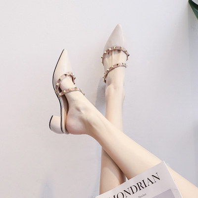 包头半拖鞋女2025年铆钉中跟高跟