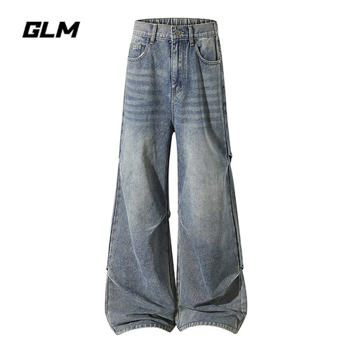 GLM美式复古高街褶皱牛仔裤男秋季潮牌宽松阔腿直筒休闲百搭长裤
