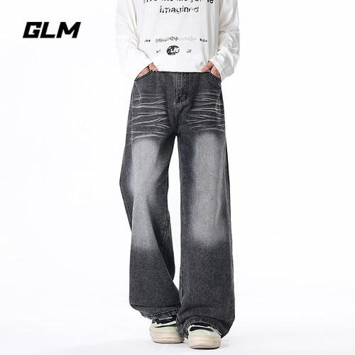 GLM美式闪电纹水洗牛仔裤男2026秋季宽松直筒阔腿裤垂感百搭长裤
