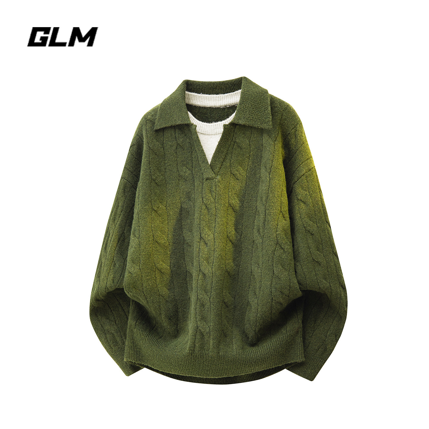 GLM慵懒风假两件翻领麻花毛衣男款秋冬季潮牌宽松休闲套头针织衫