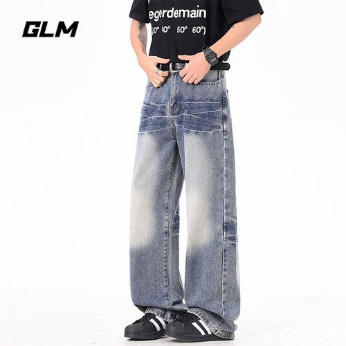 GLM美式复古水洗牛仔裤男秋季潮牌宽松直筒阔腿裤高街休闲长裤子