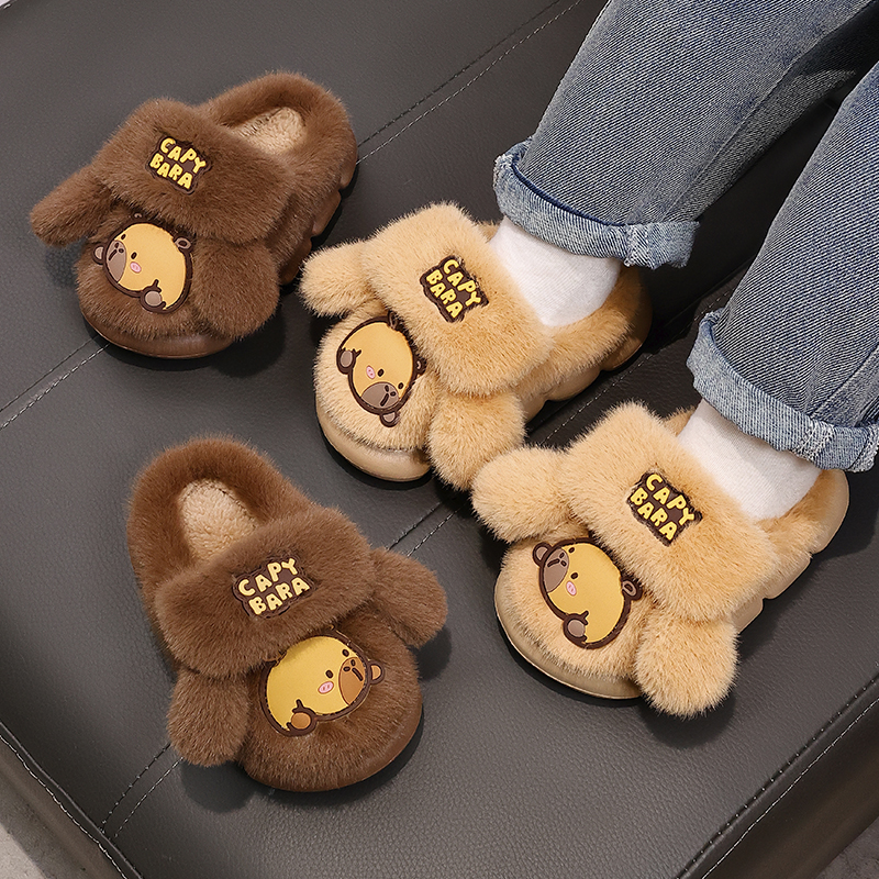 儿童棉拖鞋皮面防水软防滑加绒厚亲子成人情侣居家冬季保暖
