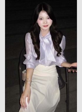 有里布紫色系带灯笼袖大方得体穿搭衬衫+半身裙套装两件套D3573