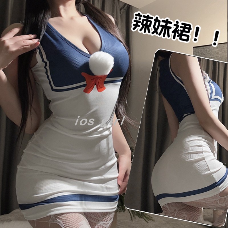 妖精喵：“洗礼你的身躯”纯欲甜美海军风低领深v修身显瘦连衣裙