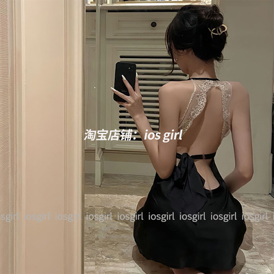 性感蕾丝挂脖露背蝴蝶结吊带睡裙