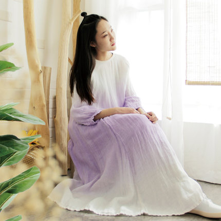 花枝秾春季新款文艺范原创亚麻禅舞复古气质渐变色连衣裙轻熟风