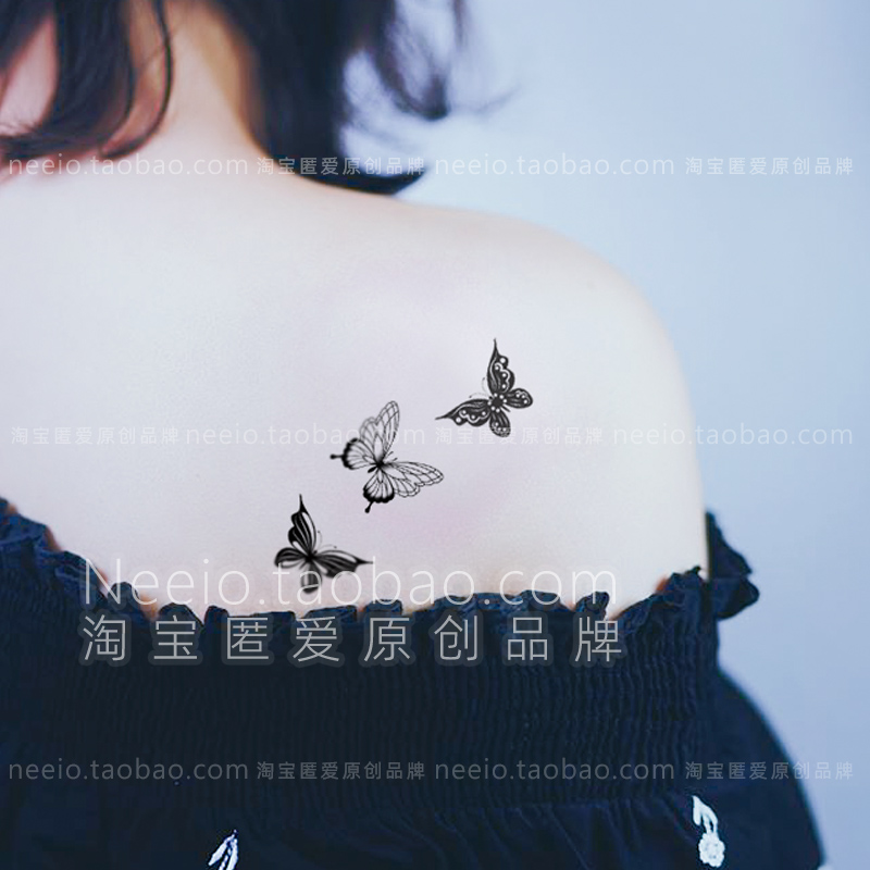 neeio纹身贴黑色小蝴蝶 个性简约线条手指虎口耳后脚部多图防水女