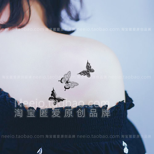 neeio纹身贴黑色小蝴蝶 个性简约线条手指虎口耳后脚部多图防水女