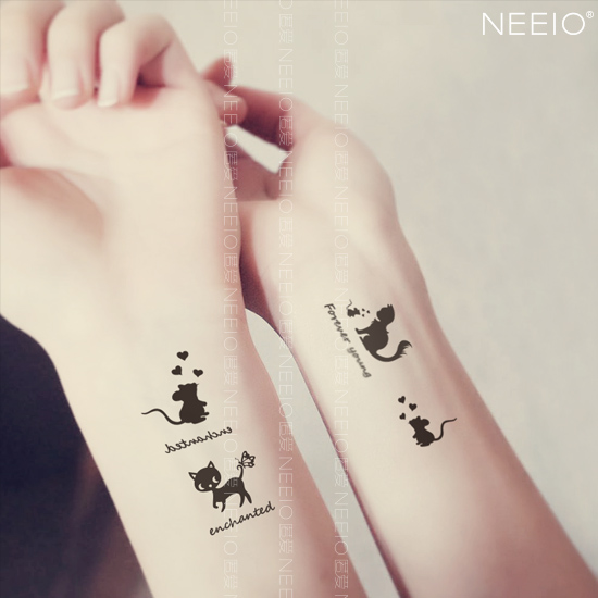 neeio原创纹身贴 猫和老鼠的幸福时光 可爱个性小猫咪 防水贴纸女