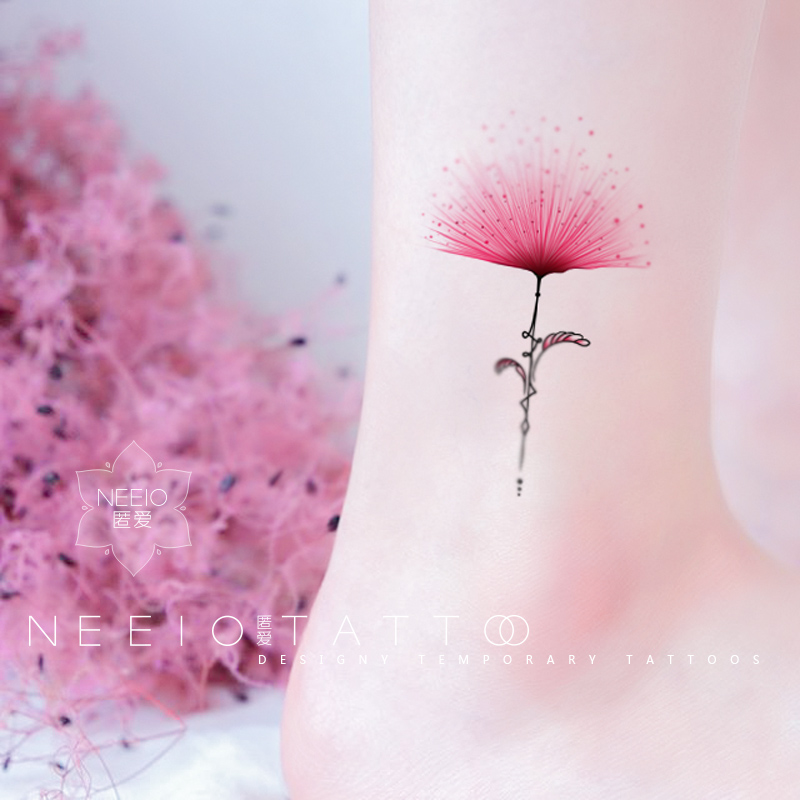 neeio纹身贴 LOVE合欢花 小清新文艺原创粉红色绒花脚踝防水女